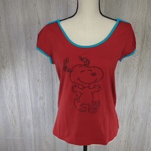 Peanuts Snoopy Babydoll T-Shirt Black Rhinestone Snoopy Outline Red and Blue Sz